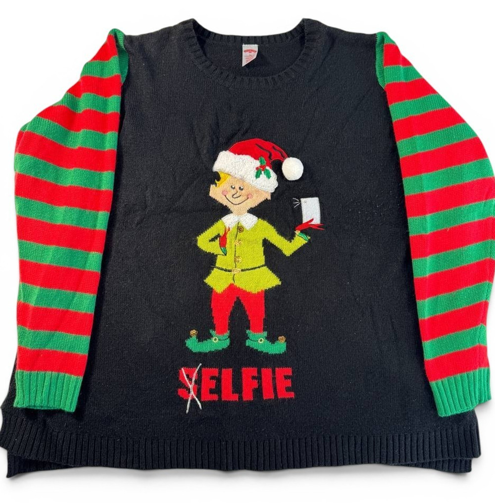 Holiday Time Elfie Ugly Christmas Sweater Women's 3X 24W Black Striped
